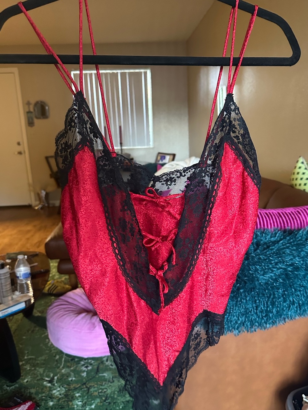 Victoria's Secret Red and Black Lace-Trim Satin Teddy